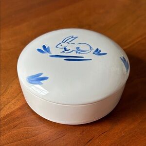 White Ceramic Box with Blue Rabbit Design